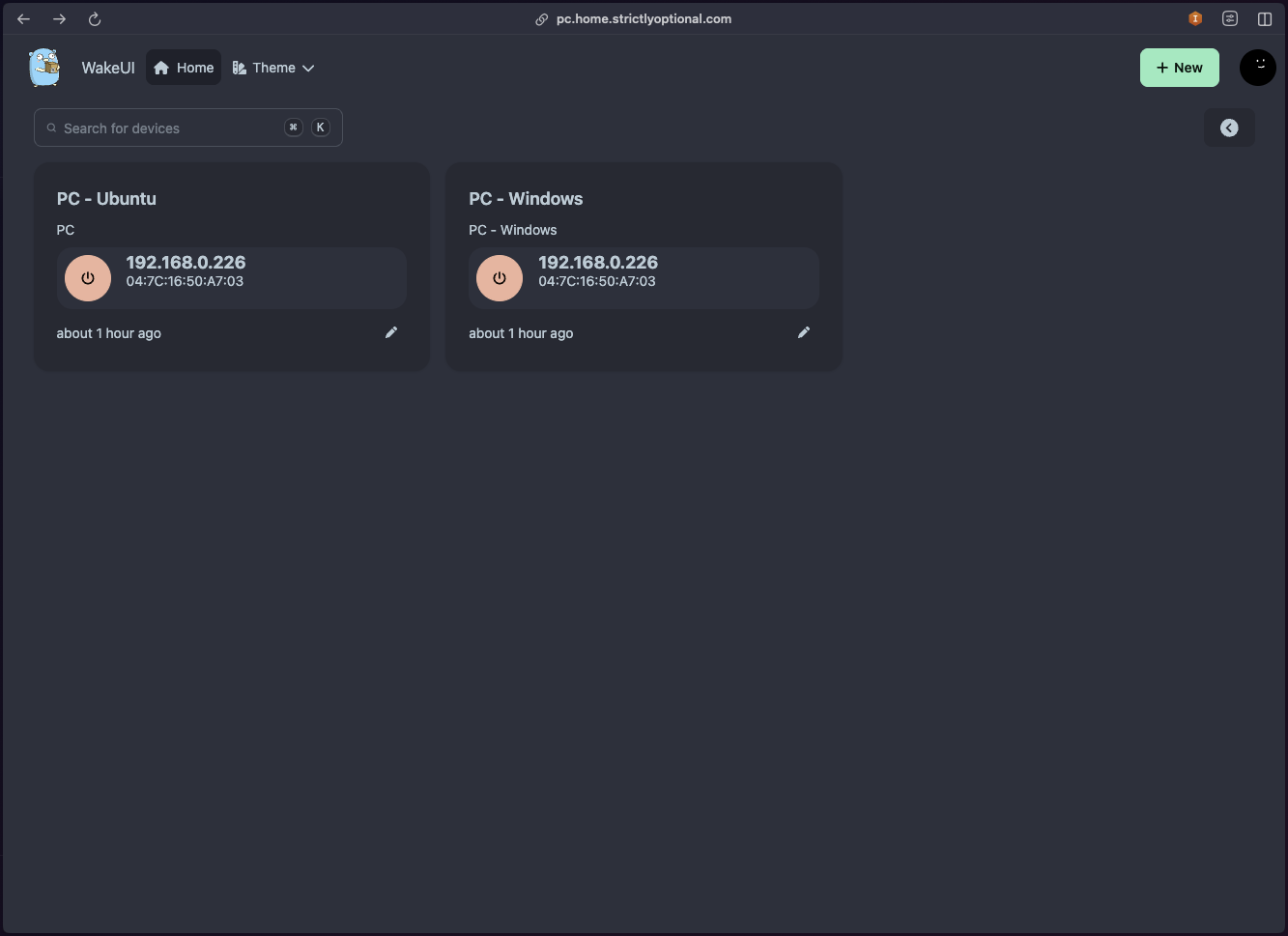 UpSnap dashboard showing two devices — PC Ubuntu and PC Windows — with the same MAC address and IP